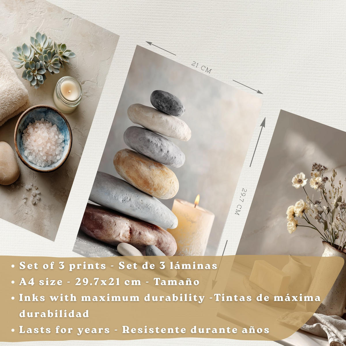 POSTER 3er-Set dekorative Badezimmer Kunstdrucke, Zen-Spa-Stil, minimalistische Bilder mit Steinen, Kerzen und Blumen, entspannende, Weißer Rahmen A4 - Weiß, Papier (29.7/21/3cm) - Nacnic