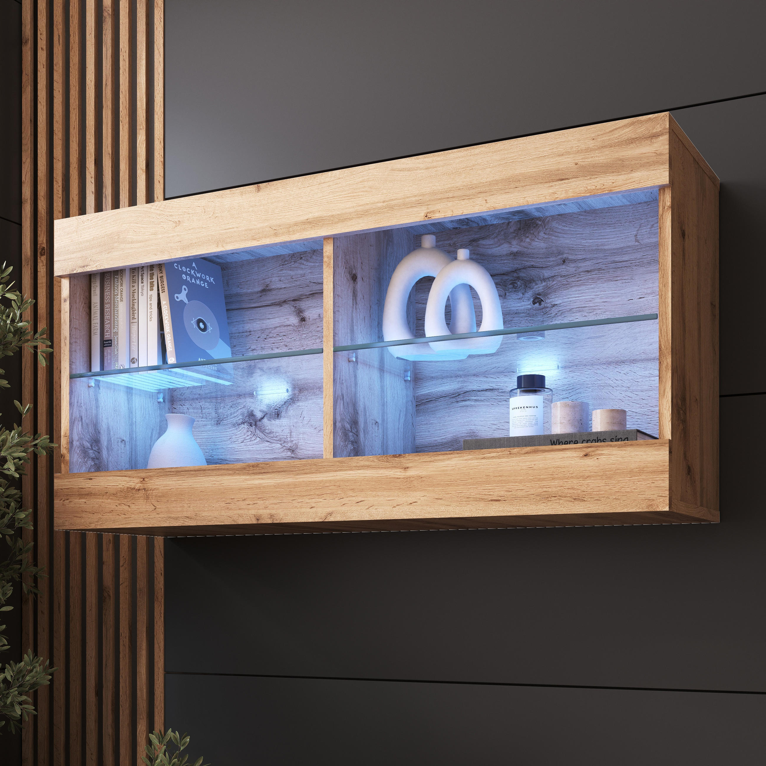 HÄNGEVITRINE TIVOLI HORIZONTAL 100, Wotan, LED Blau - Eiche Wotan, Glas/Holzwerkstoff (100/50/29.5cm) - Komodee