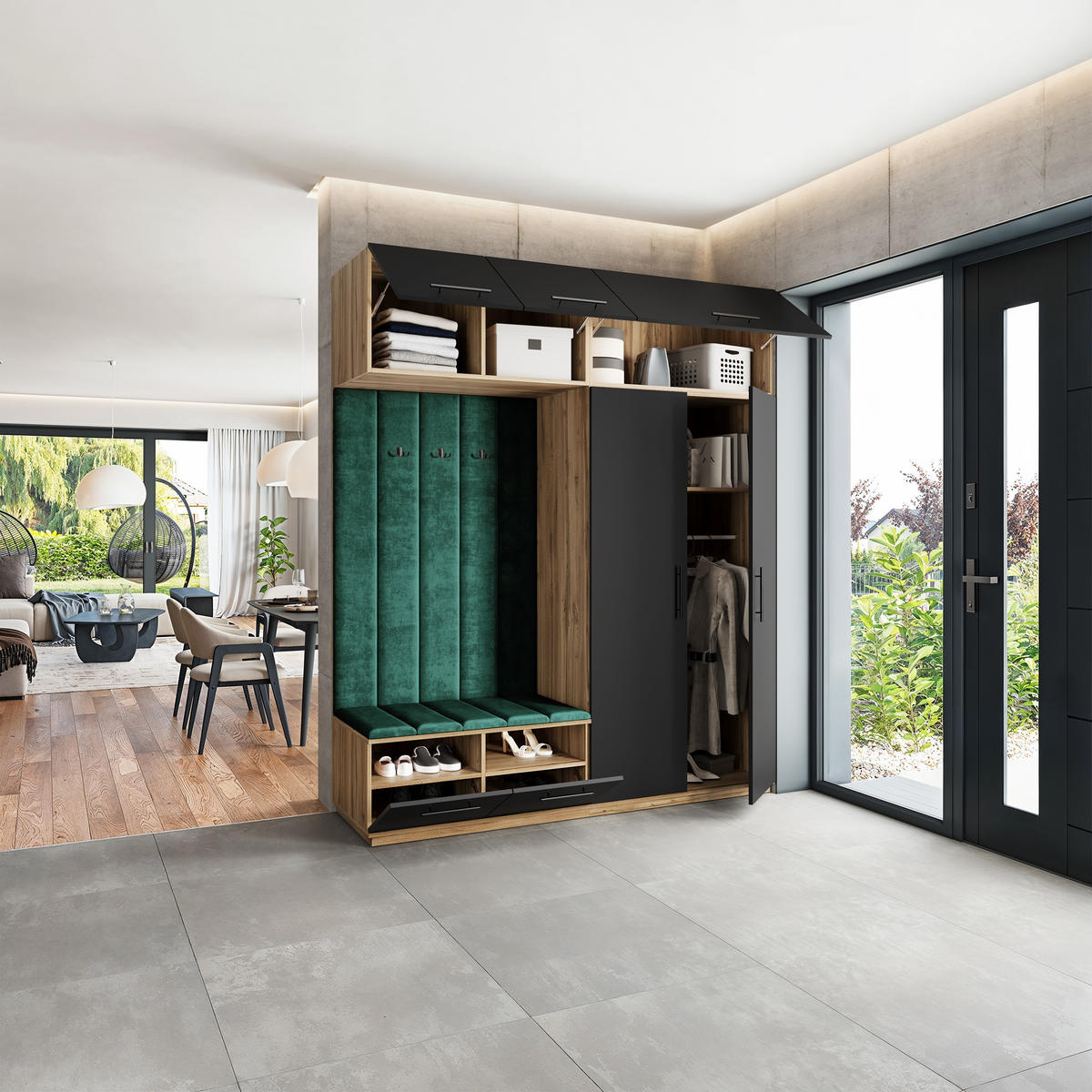 GARDEROBENSCHRANK REMA 200/240/60 cm Modern Garderobe-Set Eiche Wotan - Eiche Wotan/Schwarz, Holzwerkstoff (200/240/60cm) - MASSENO