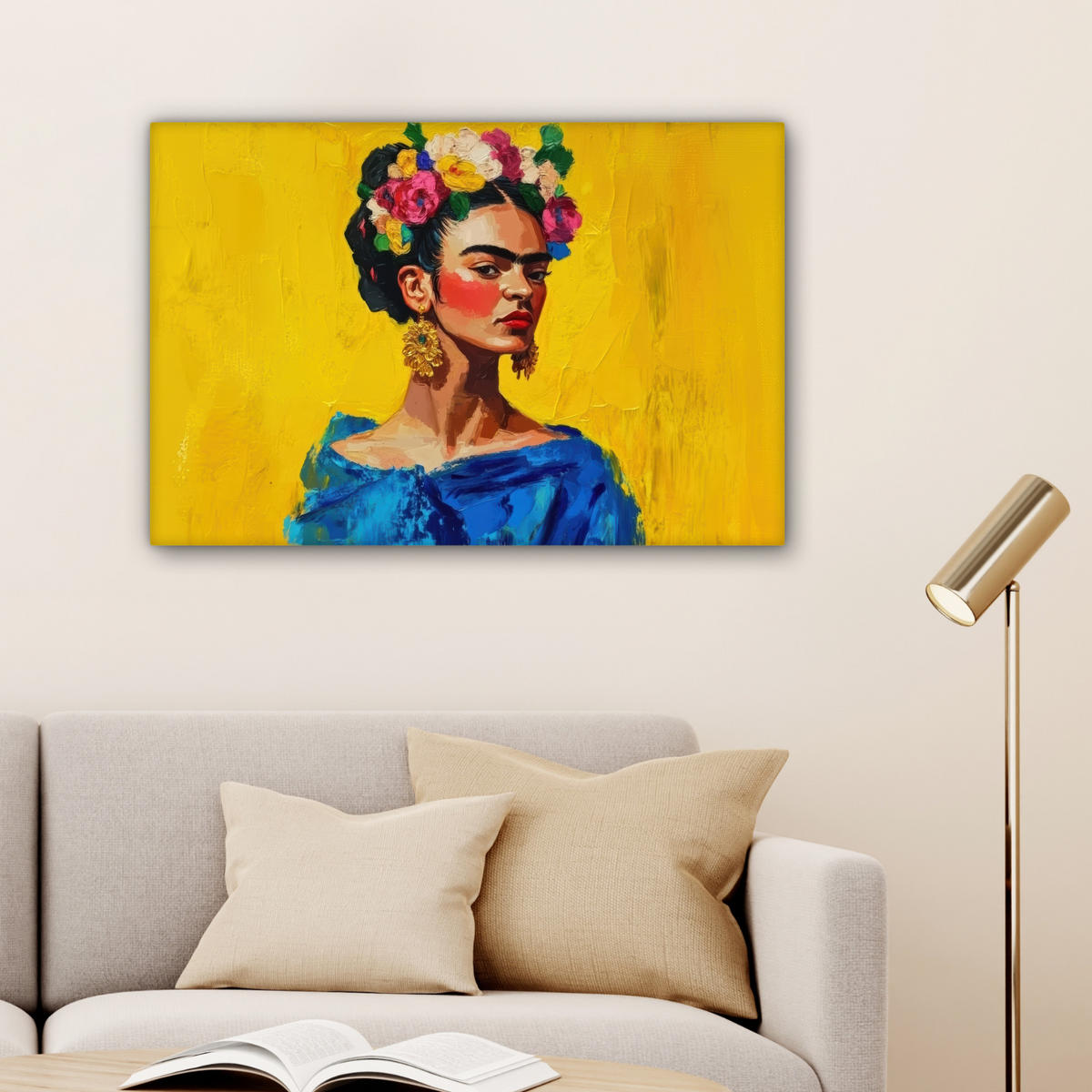 LEINWANDBILD Frida Kahlo - Frau - Gelb - Blau - Blumen Gemälde 60x40 cm - Gelb, Textil (60/40cm) - MuchoWow
