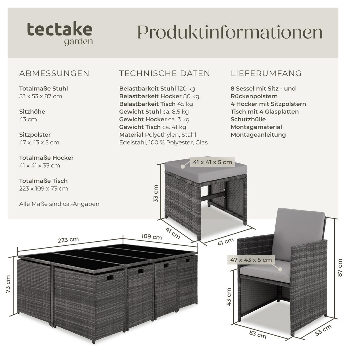 RATTAN SITZGRUPPE Palma,zusammenschiebbar, inklusive Schutzhülle,grau/hellgrau - Hellgrau/Grau, Kunststoff - tectake