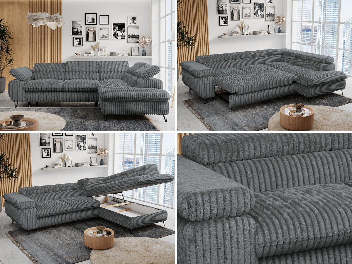 ECKSOFA PETER L Dunkelgrau Cord - Rechts Seite - Dunkelgrau/Schwarz, Textil/Metall (273/208cm) - MKS