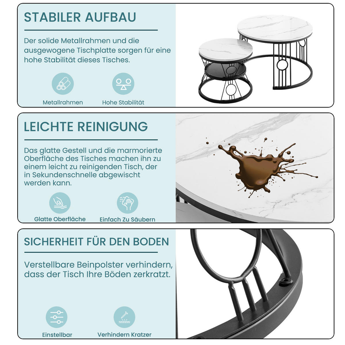 COUCHTISCH 2er-Set mit Sicherheitsdesign ohne Lötstellen - Weiß, Holzwerkstoff (70/70/45cm) - OKWISH