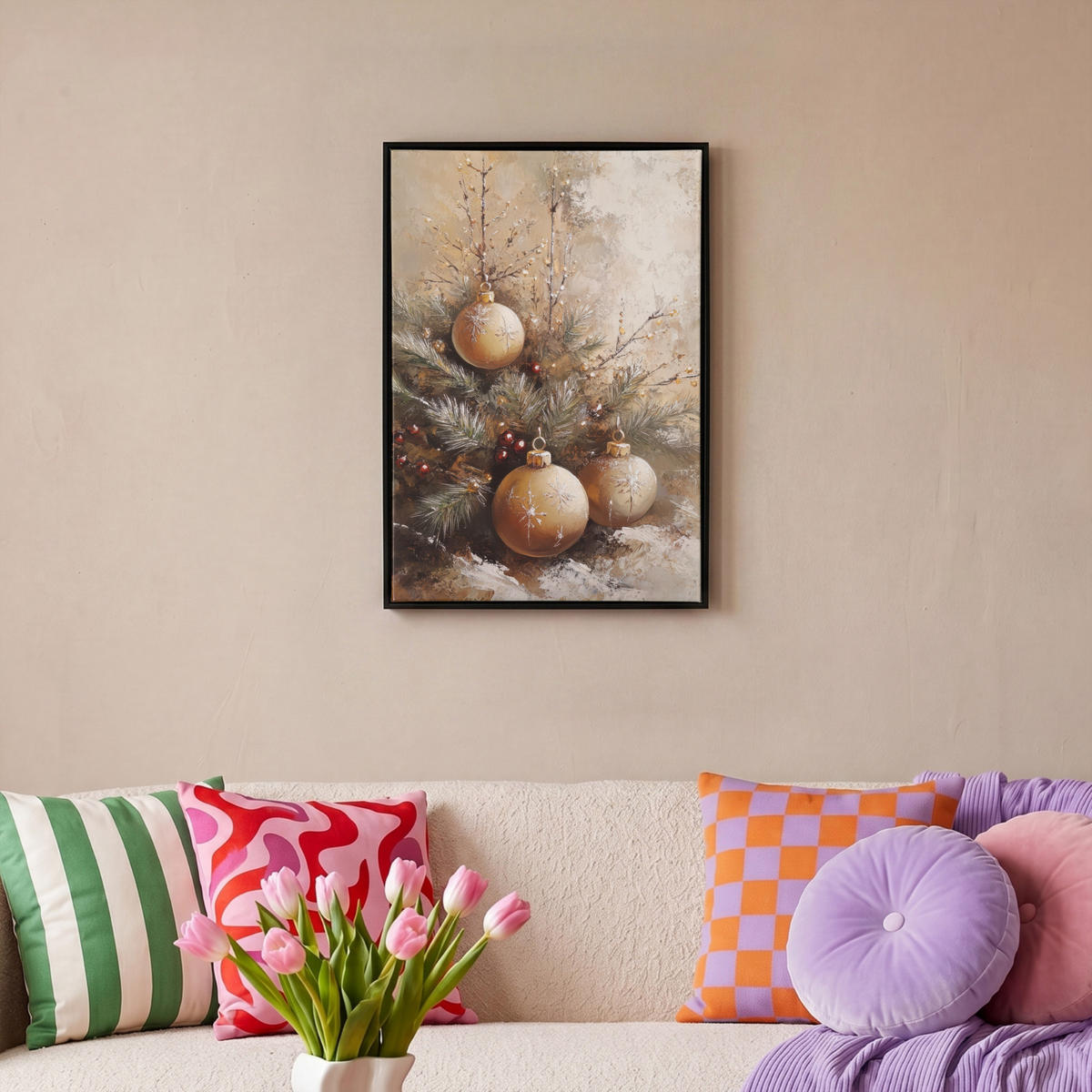LEINWAND Bilder mit Rahmen - Weihnachten - Kugeln - Beige - Gold - 40x60 - Goldfarben, Textil (40/60cm) - MuchoWow