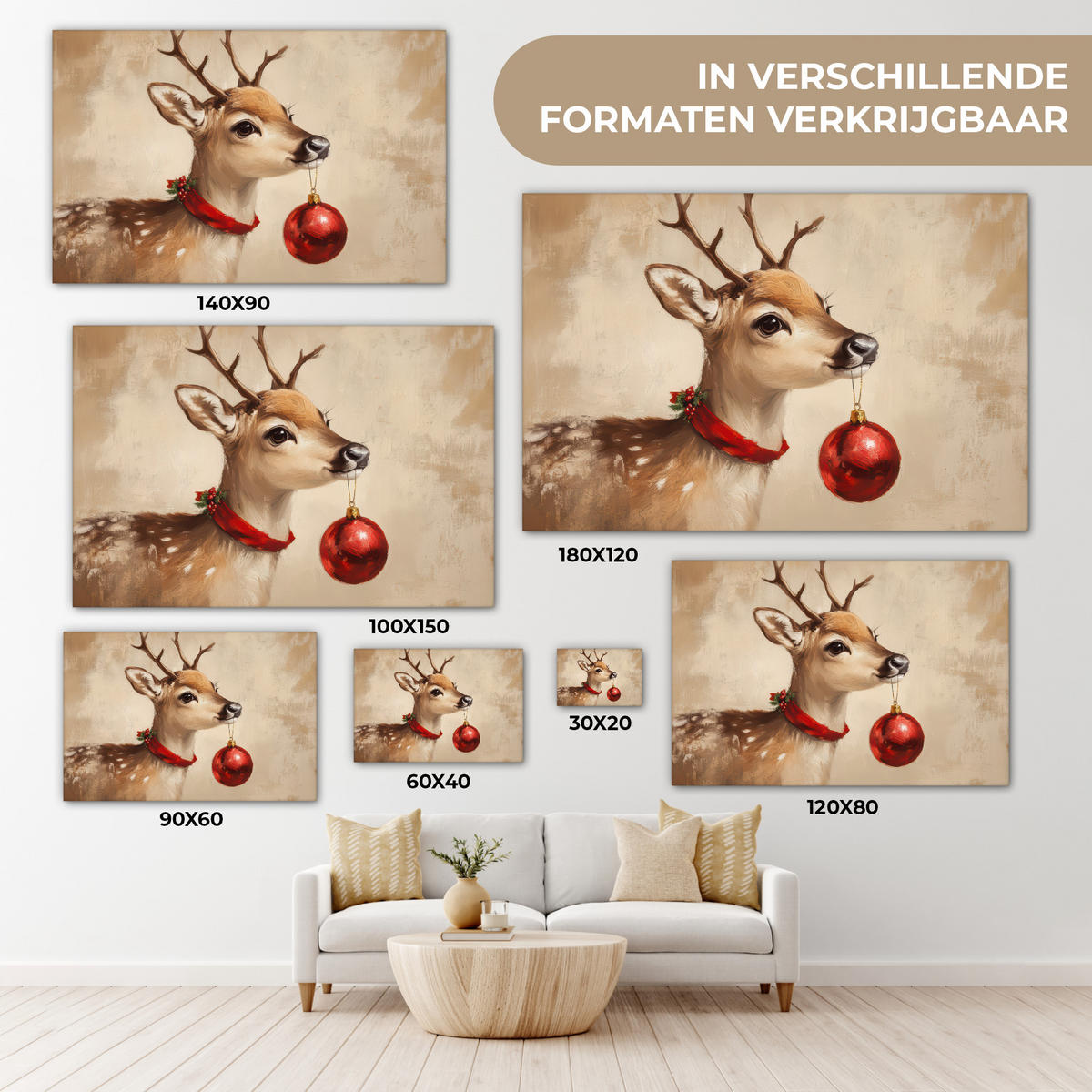 LEINWANDBILD Weihnachten - Hirsch - Geweih - Weihnachtskugel - Rentier Wohnzimmer 120x80 cm - Hellbraun, Textil (120/80cm) - MuchoWow