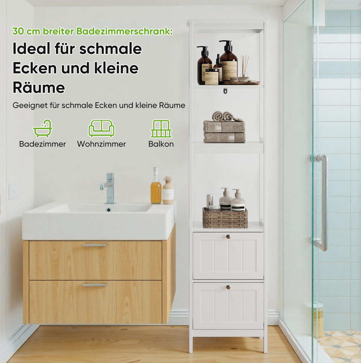 HOCHSCHRANK 40x30x160 cm Weiß aus Spanplatte mit 2 Schubladen & 3 offenen Regalen - Weiß, Holzwerkstoff (40/160/30cm) - Modfu