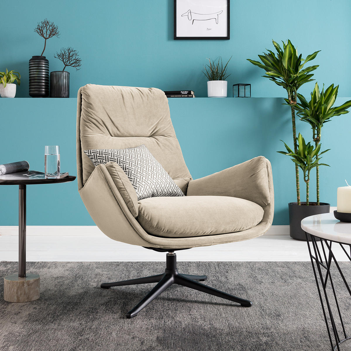 SESSEL mit Kreuzfuß - Beige/Schwarz, Textil/Metall (83/95/97cm) - home24