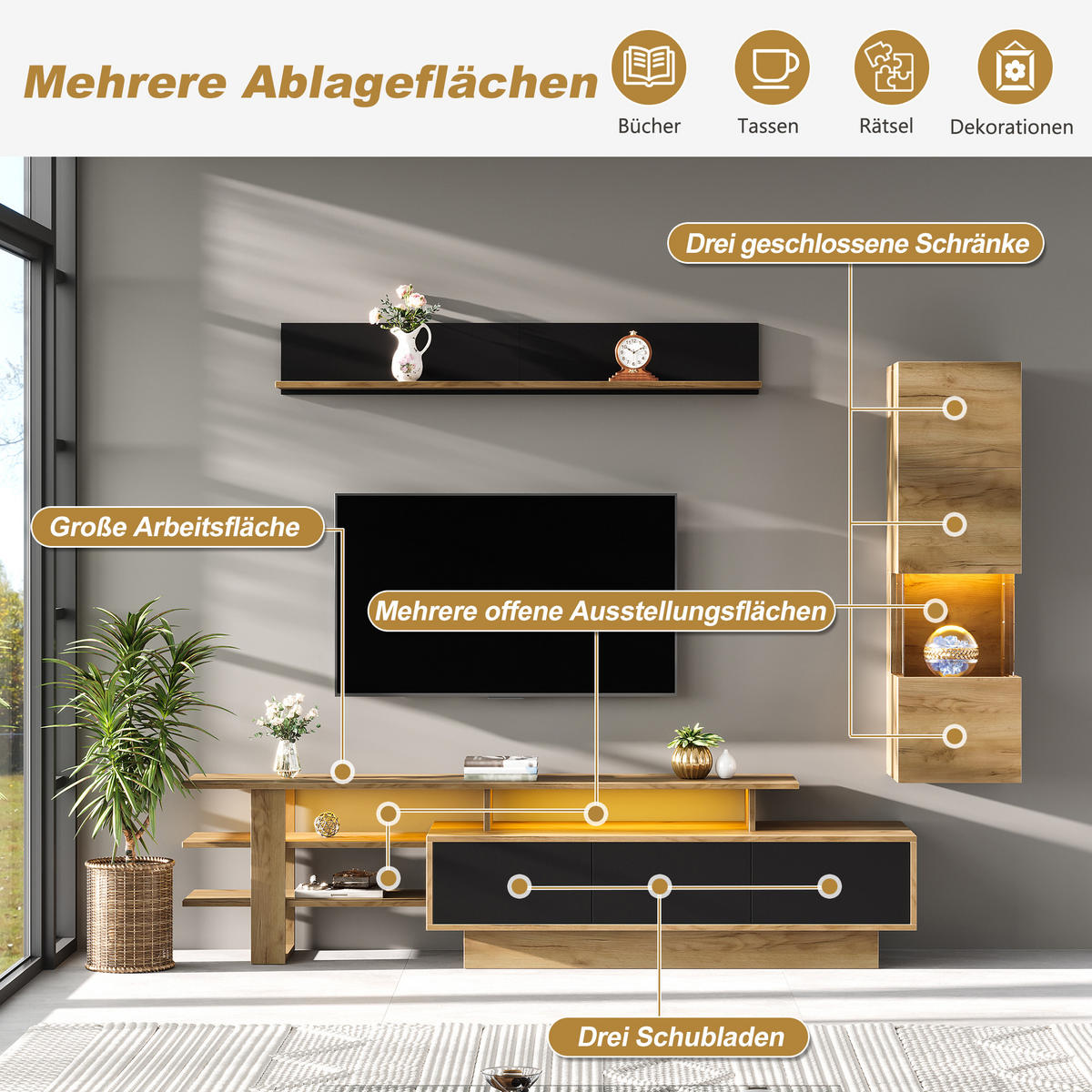 TV-ELEMENT 180/40/45 cm Natur + Schwarz mit LED Beleuchtung und 3 Schublade (3 Stück) - Schwarz, Holz (180/45/40cm) - Oxeza