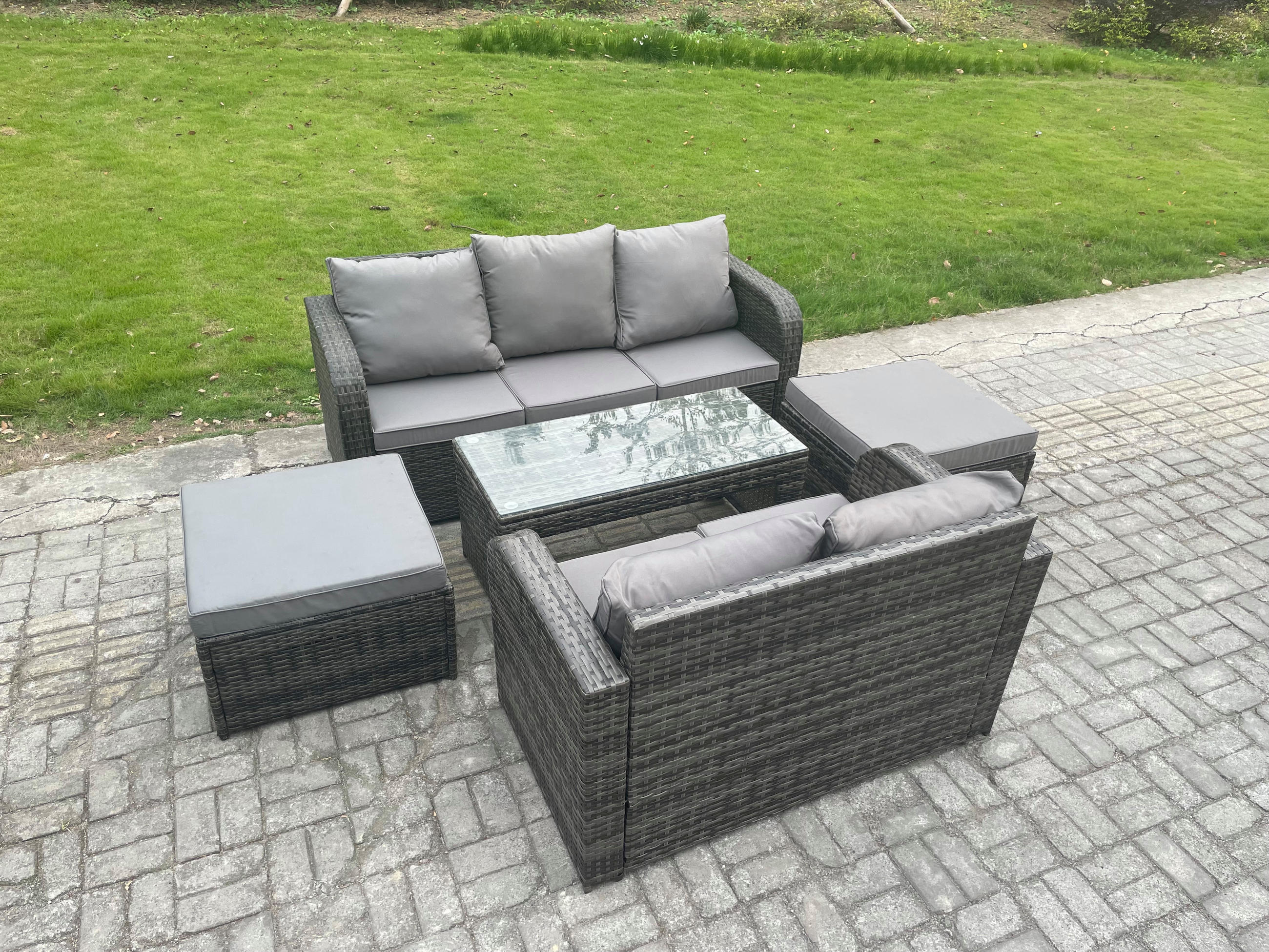 GARTENSOFA SET mit COUCHTISCH Polyrattan 7-Sitzer - Dunkelgrau/Grau, Glas/Kunststoff - Fimous