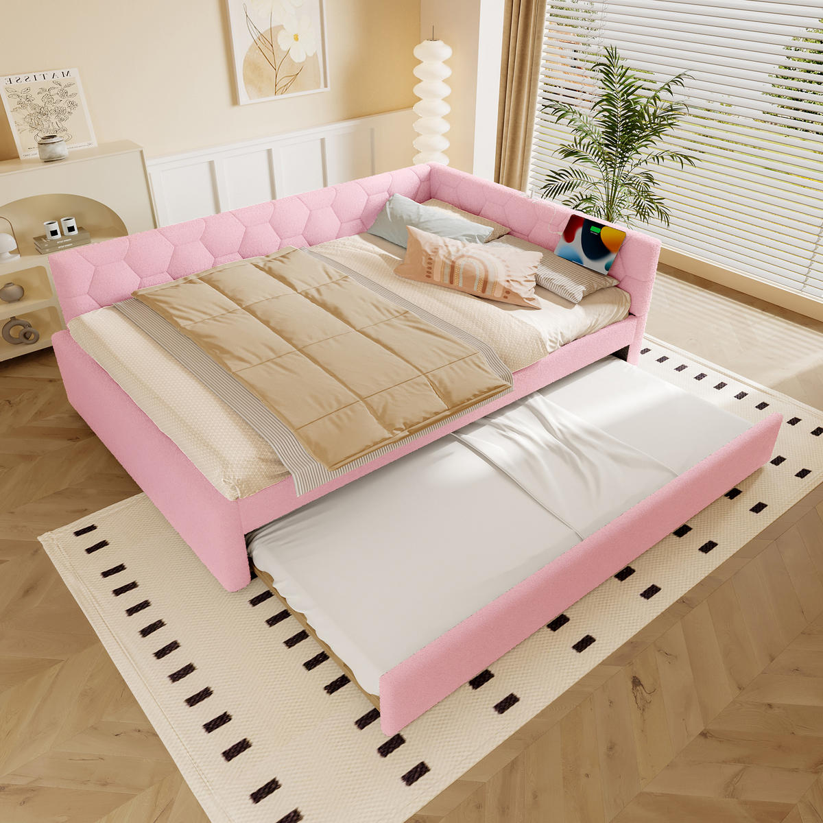 TAGESBETT 140/200 cm rosa mit Ausziehbett und USB-Anschluss - Rosa, Textil (140/200cm) - OKWISH