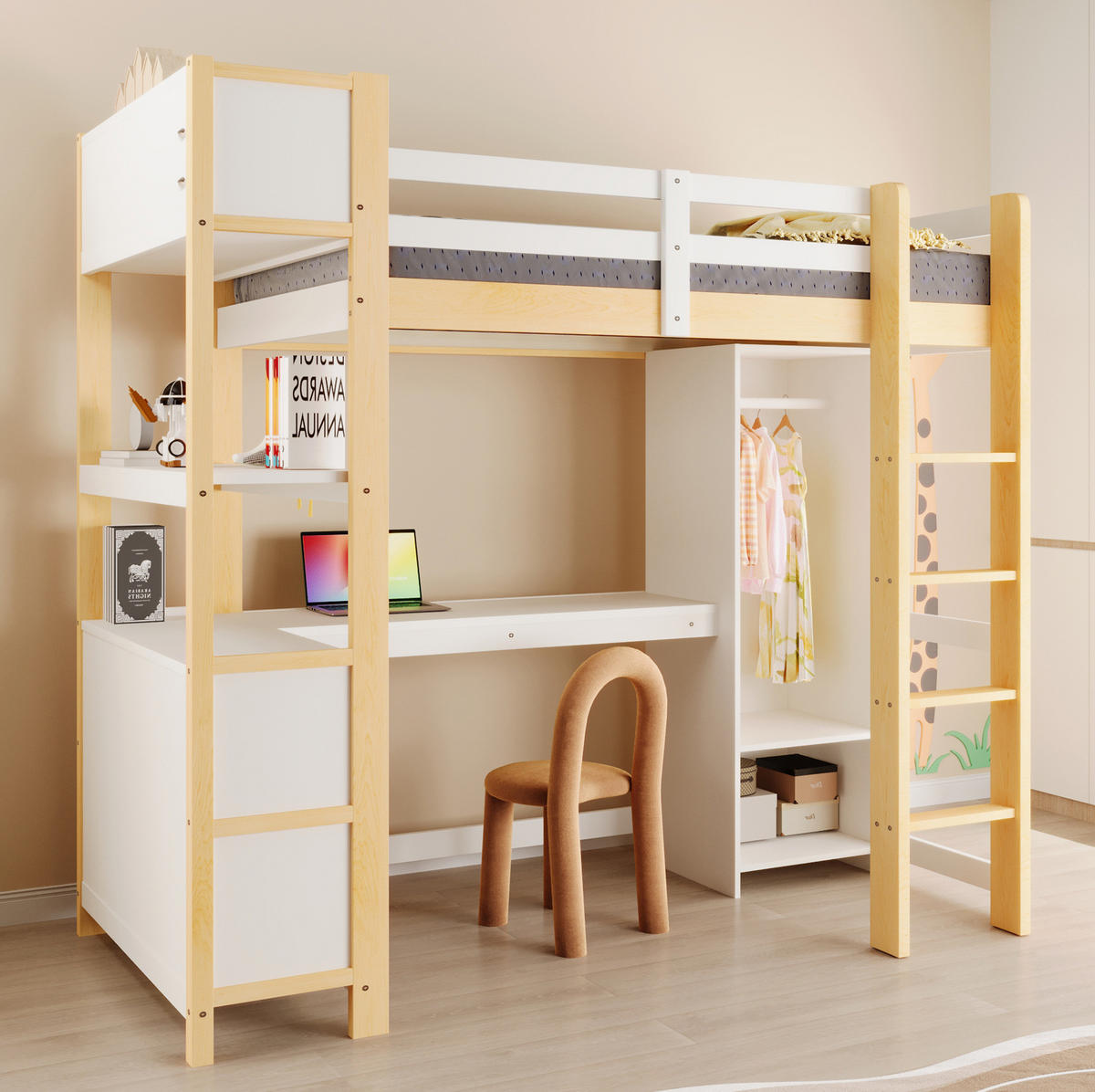 HOCHBETT 90/200 cm, Natur mit Schreibtisch, Regalen, Kleiderschrank, ohne Matratze - Weiß, Holz (90/200cm) - MIVRAY