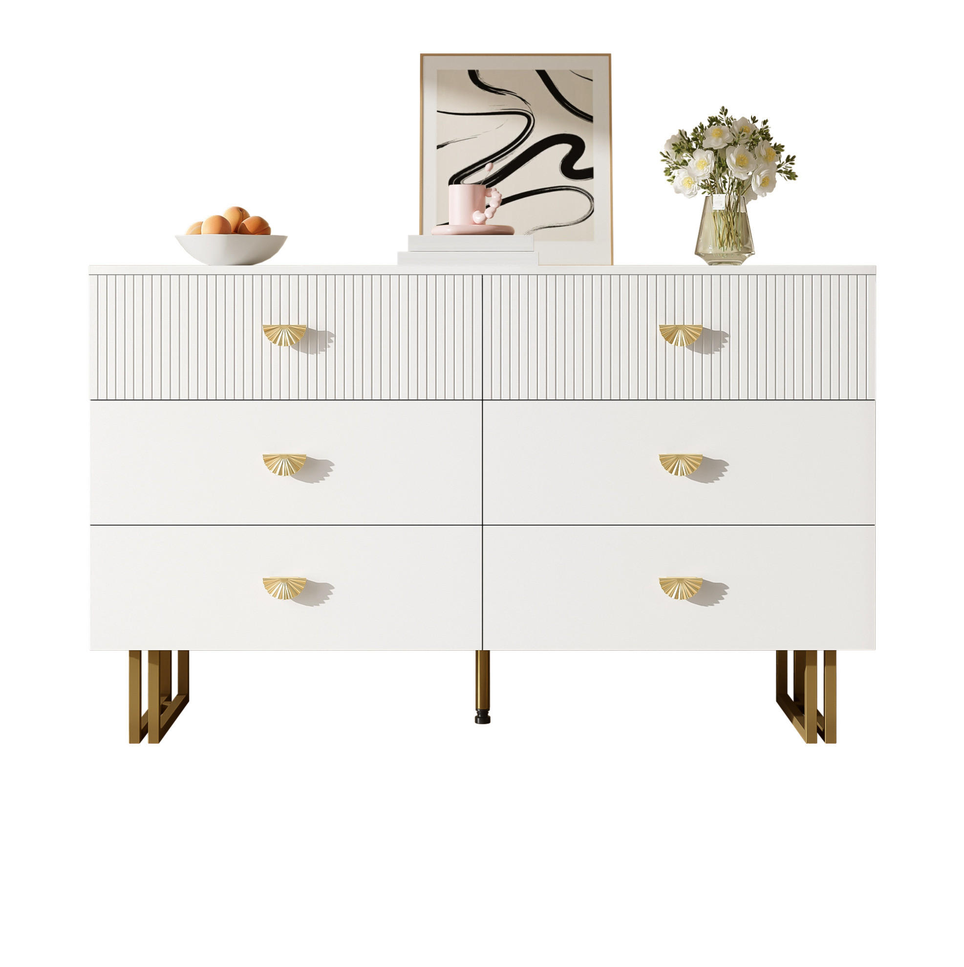 SIDEBOARD 120/40/75 cm mit 6 Schubladen in Weiß und goldfarbenen Griffen - Weiß, Holzwerkstoff (120/75/40cm) - BEAOK