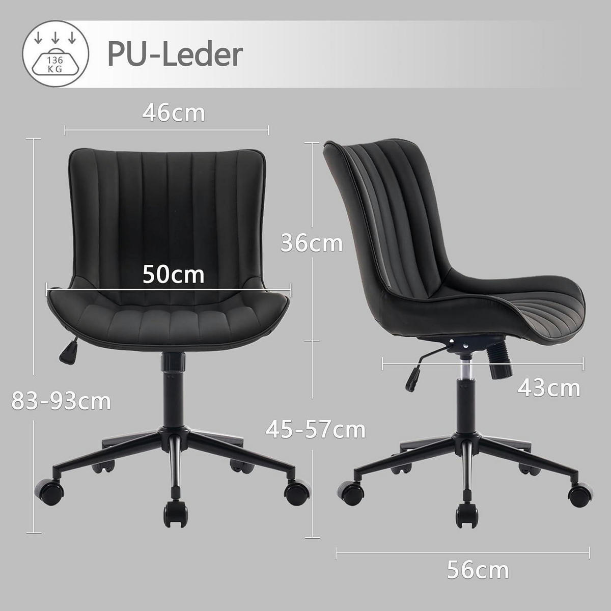 BÜROSTUHL ergonomisch mit PU-Leder, schwarz - Schwarz, Kunststoff (53/93/46cm)