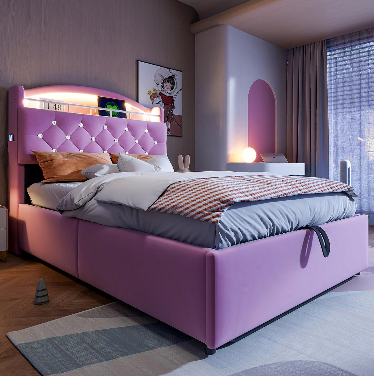 KINDERBETT mit Stauraum 90x200 cm Samt Rosa mit LED und USB - Pink, Metall (90/200cm) - Meubliv
