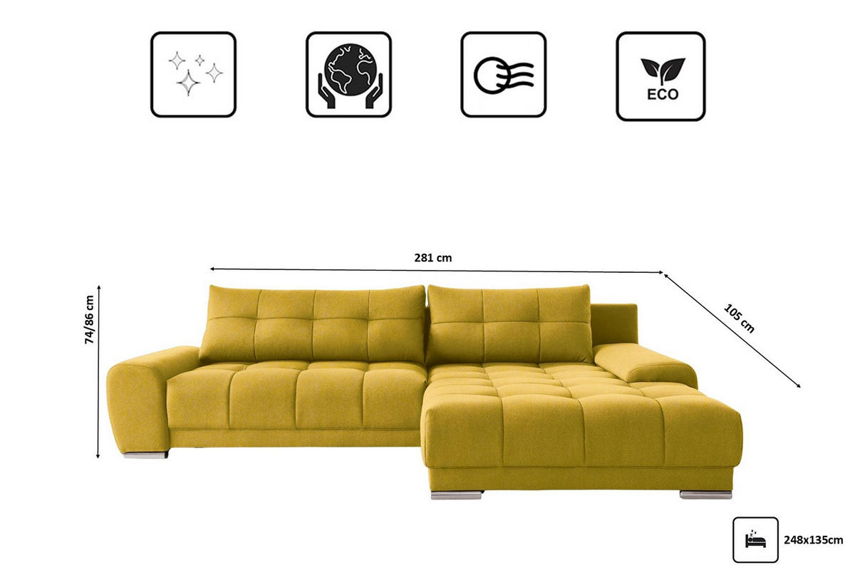 ECKSOFA WAVE Mit Schlaffunktion, Stoff SORO, Gelb Rechts - Gelb, Holz (281/105cm) - Kaiser Möbel