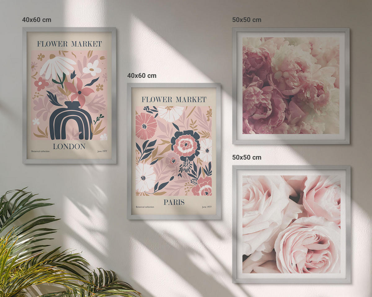 WANDBILDER 4er Set - 50x50 cm & 40x60 cm Silberner Rahmen - Blumenmotive Rosen Paris - Silberfarben, Kunststoff (50/50cm) - ArtPrintCave