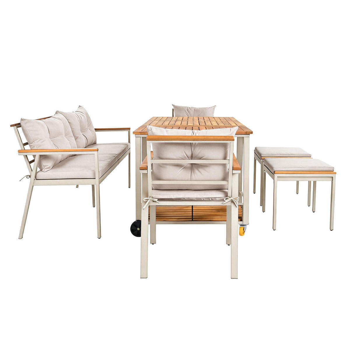 GARTEN-ESSGRUPPE 171/35/81 cm eige/Natur aus Akazienholz mit Servierwagen für 6-7 Personen - Beige, Metall - OKWISH