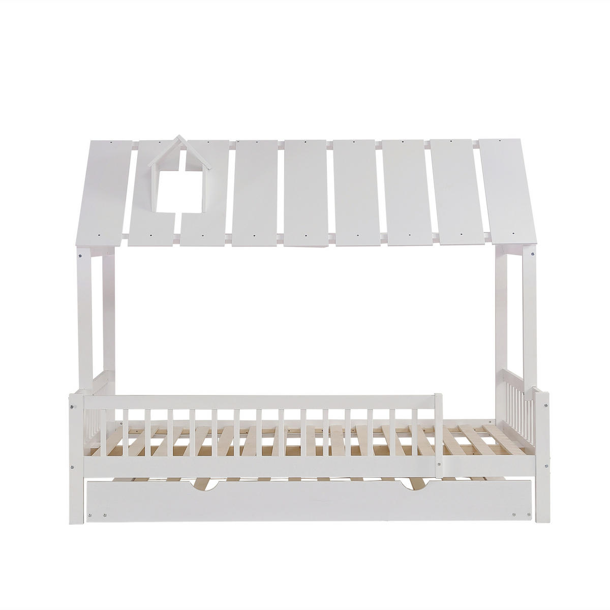 HAUSBETT 120/200 cm und 120/190 cm Weiß mit Rollbett und Dach mit Kaminleiste aus Kiefer+MDF - Weiß, Holzwerkstoff (120/200cm) - OKWISH