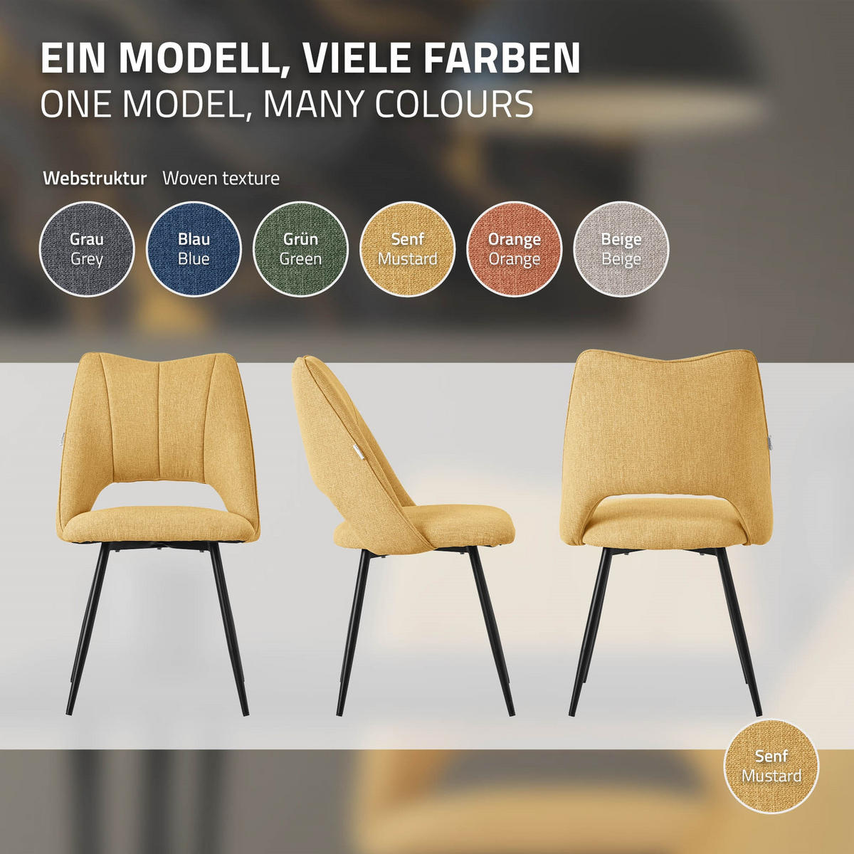 ESSZIMMERSTUHL 6er Set Senf - Dunkelgelb/Schwarz, Textil/Metall (57/89/53cm) - ML-DESIGN