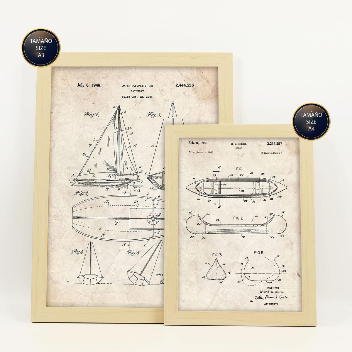 POSTER Set Mit 6 Plakaten Mit Boot Patenten Im Vintage Stil A3 & A4 Rahmen Aus Hellem Holz - Beige, Papier (29/3cm) - Nacnic