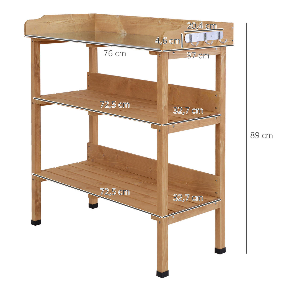 PFLANZTISCH Gärtnertisch Blumentisch mit Metall Arbeitsfläche Garten Holz Natur - Fichtefarben, Holz (76/37/89cm) - Outsunny