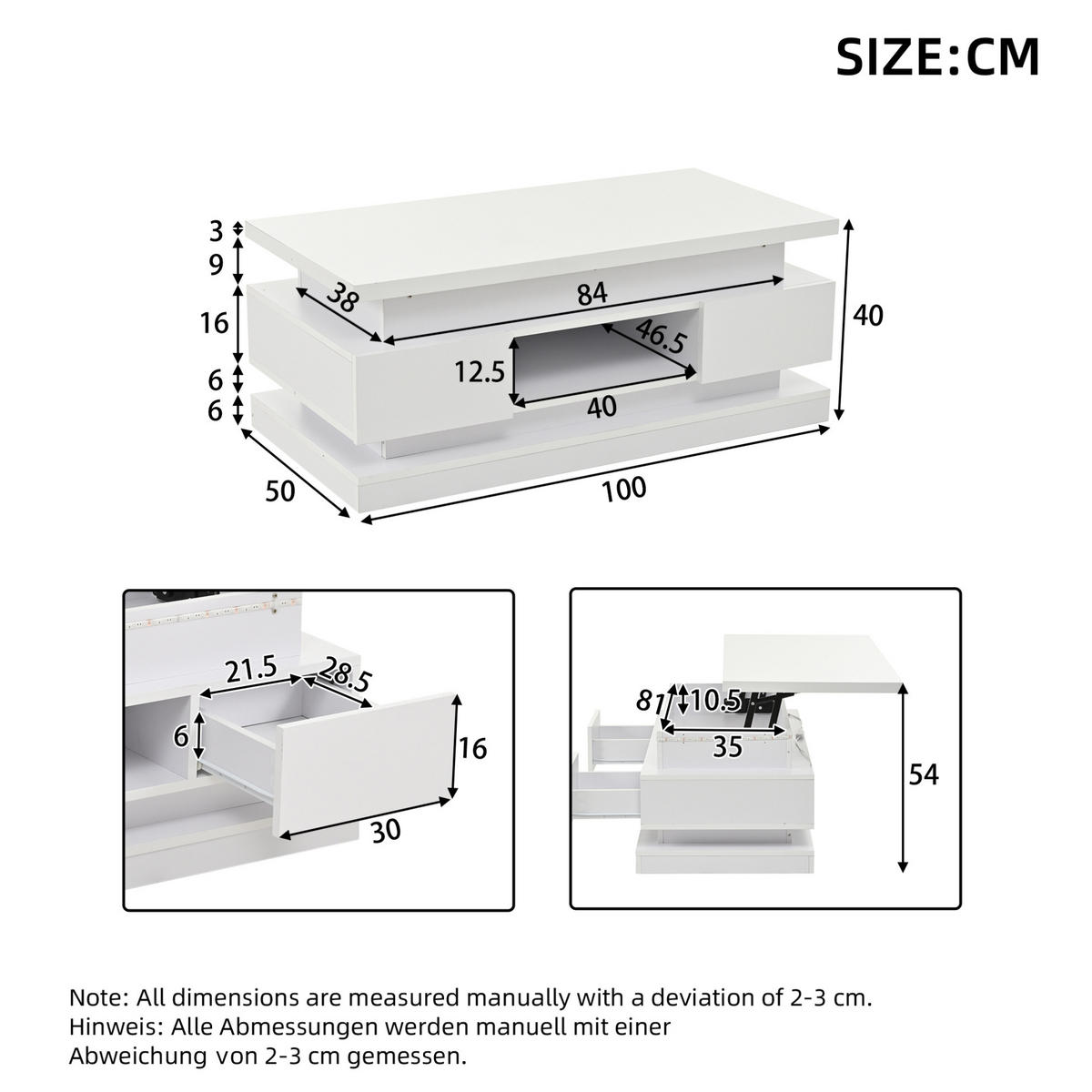 COUCHTISCH 100/50/40 cm höhenverstellbar mit LED-Beleuchtung, USB-Anschluss und Stauraum aus Spanplatte, Weiß - Weiß, Holzwerkstoff (100/50/40cm) - Modfu