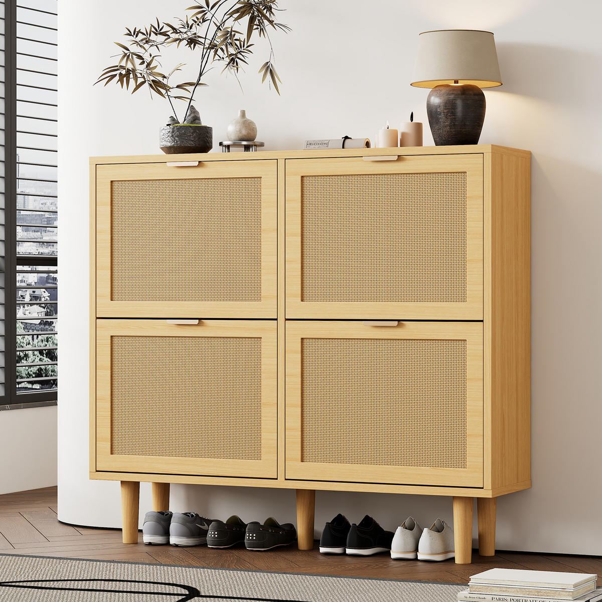 SCHUHSCHRANK mit 4 Klappen 100/25/90 cm in Eichenoptik mit Rattanfront - Naturfarben, Holzwerkstoff (100/90/25cm) - BEAOK