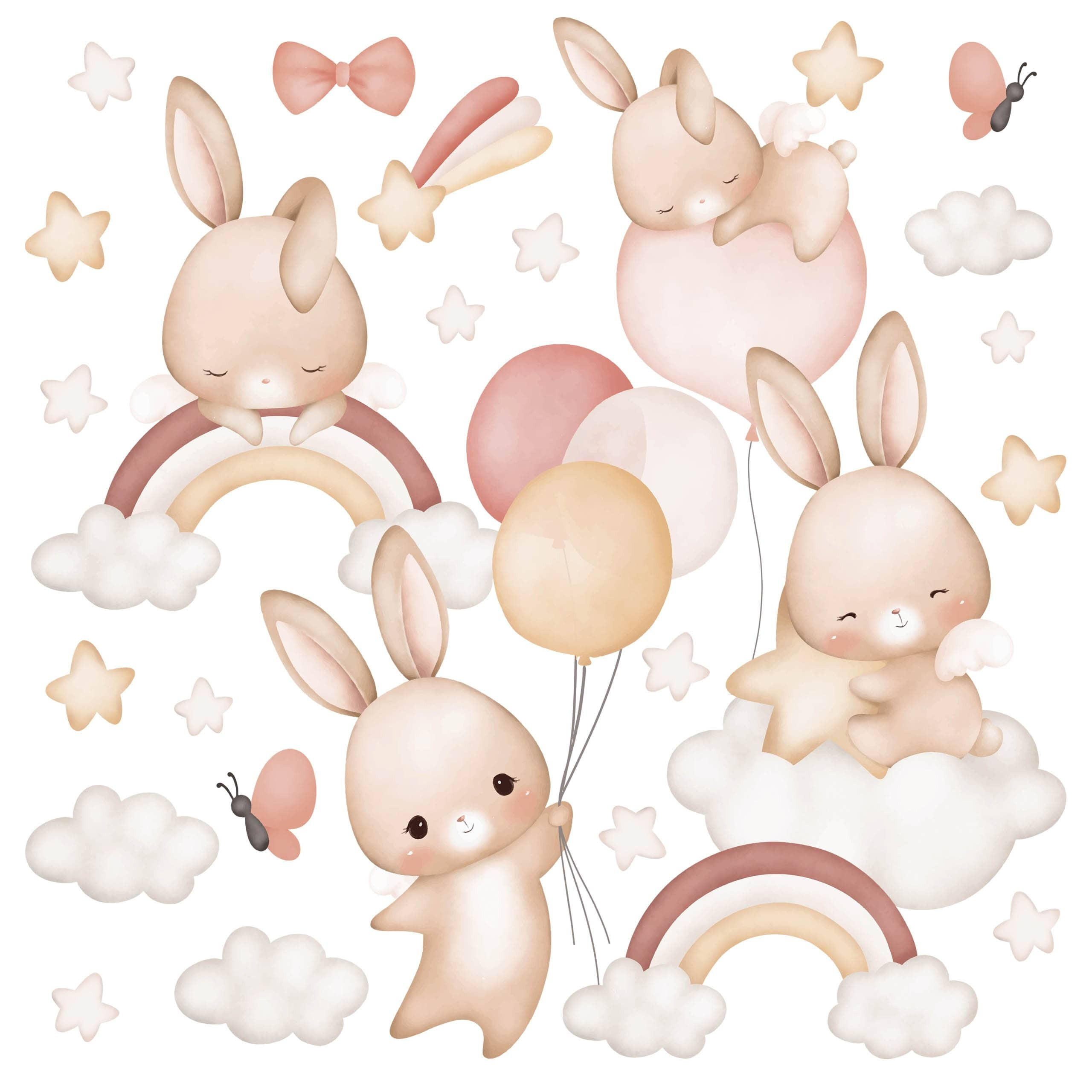 WANDAUFKLEBER SET Kaninchen Sternen Wolken Regenbogen 60x30 - Beige/Rot, Papier (60/30/1cm) - Muralo