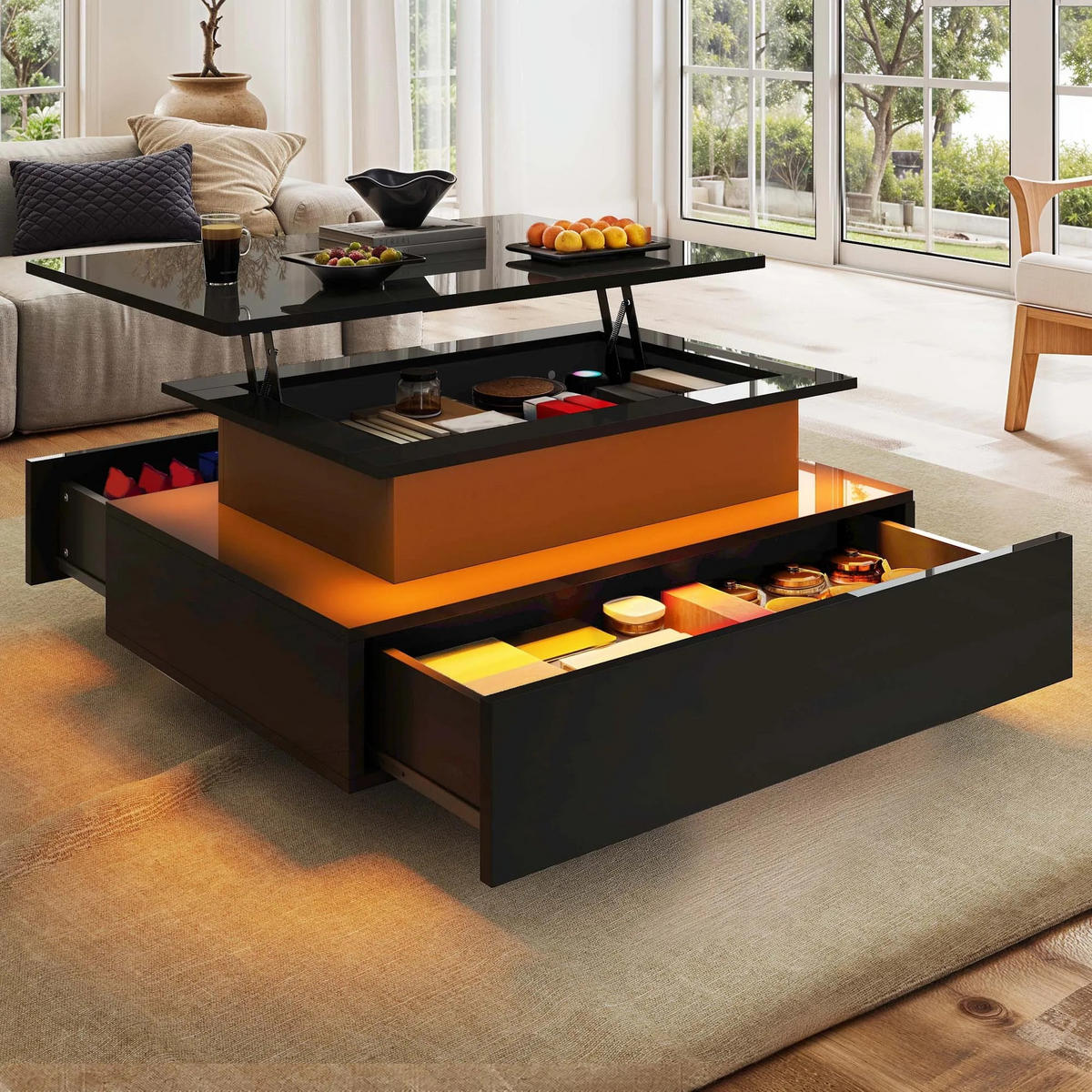 COUCHTISCH Lift-Top, rechteckig, 2 Schubladen mit LED-Beleuchtung - Schwarz, Holzwerkstoff (55/85/56cm) - Kaket