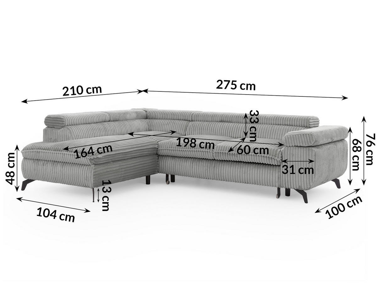 ECKSOFA mit Schlaffunktion und Bettkasten Bonnie aus Hellgrau Cord-Stoff mit verstellbaren Kopfstützen und Armlehne - Ottomane links - Hellgrau/Schwarz, Holz/Textil (275/210cm) - S-Style Möbel