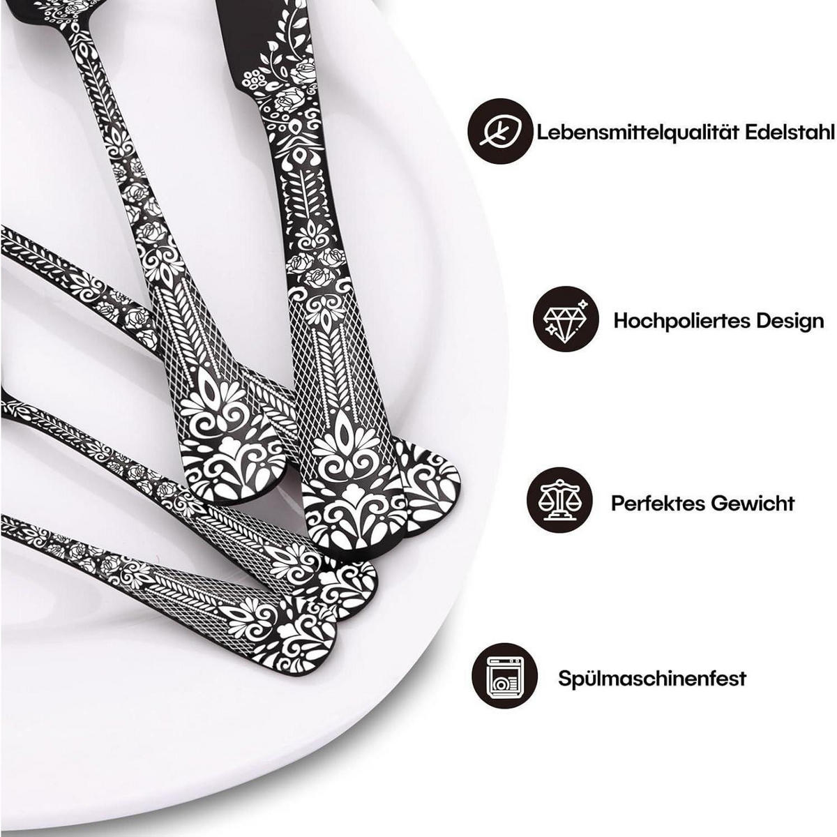 BESTECKSET 30-teilig für 6 Personen Schwarz mit Blumenmuster - Schwarz, Metall