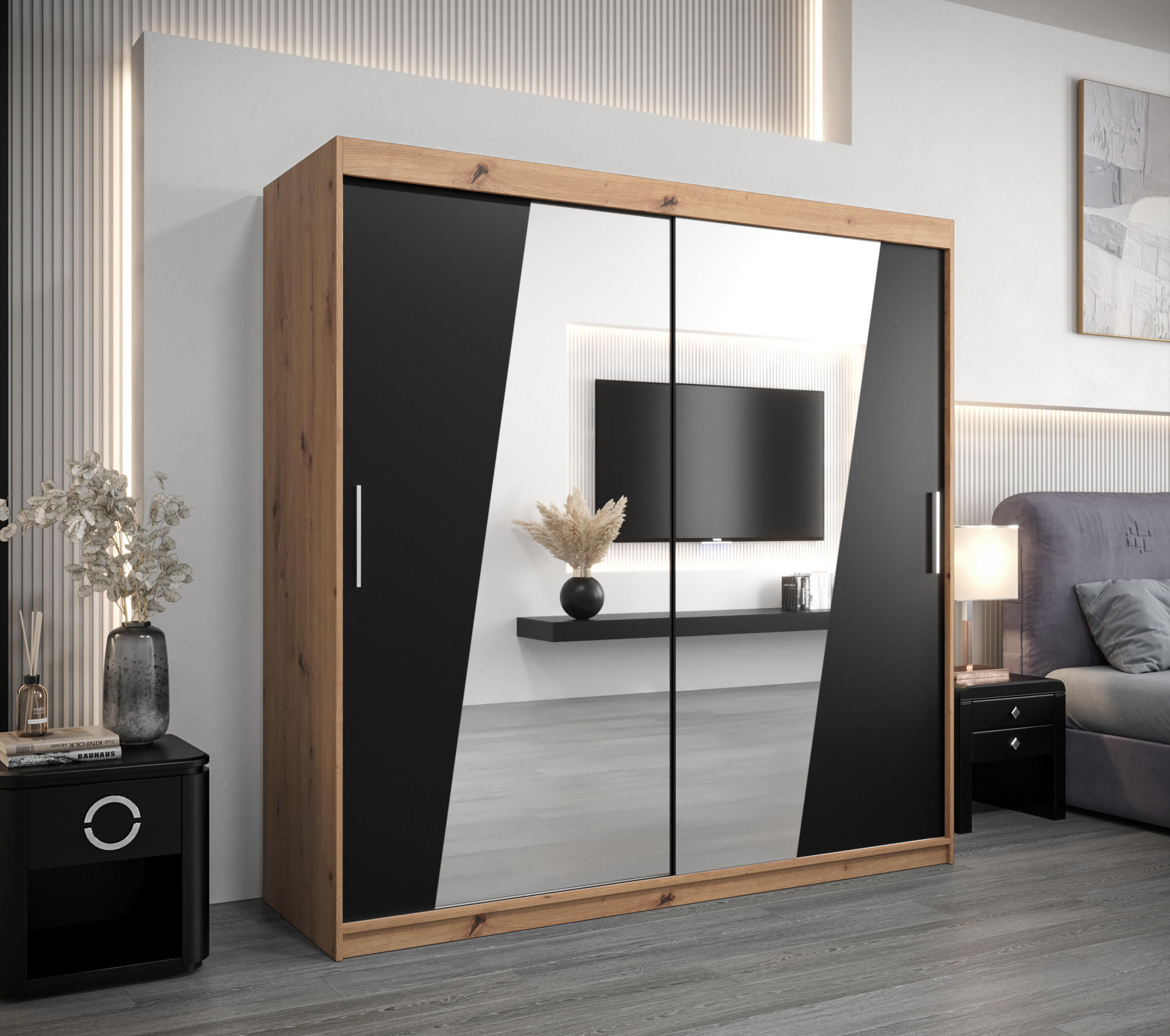 SCHWEBETÜRENSCHRANK 200/200/62 2-türig - Silberfarben/Schwarz, Holz/Kunststoff (200/200/62cm) - Abiks Möbel