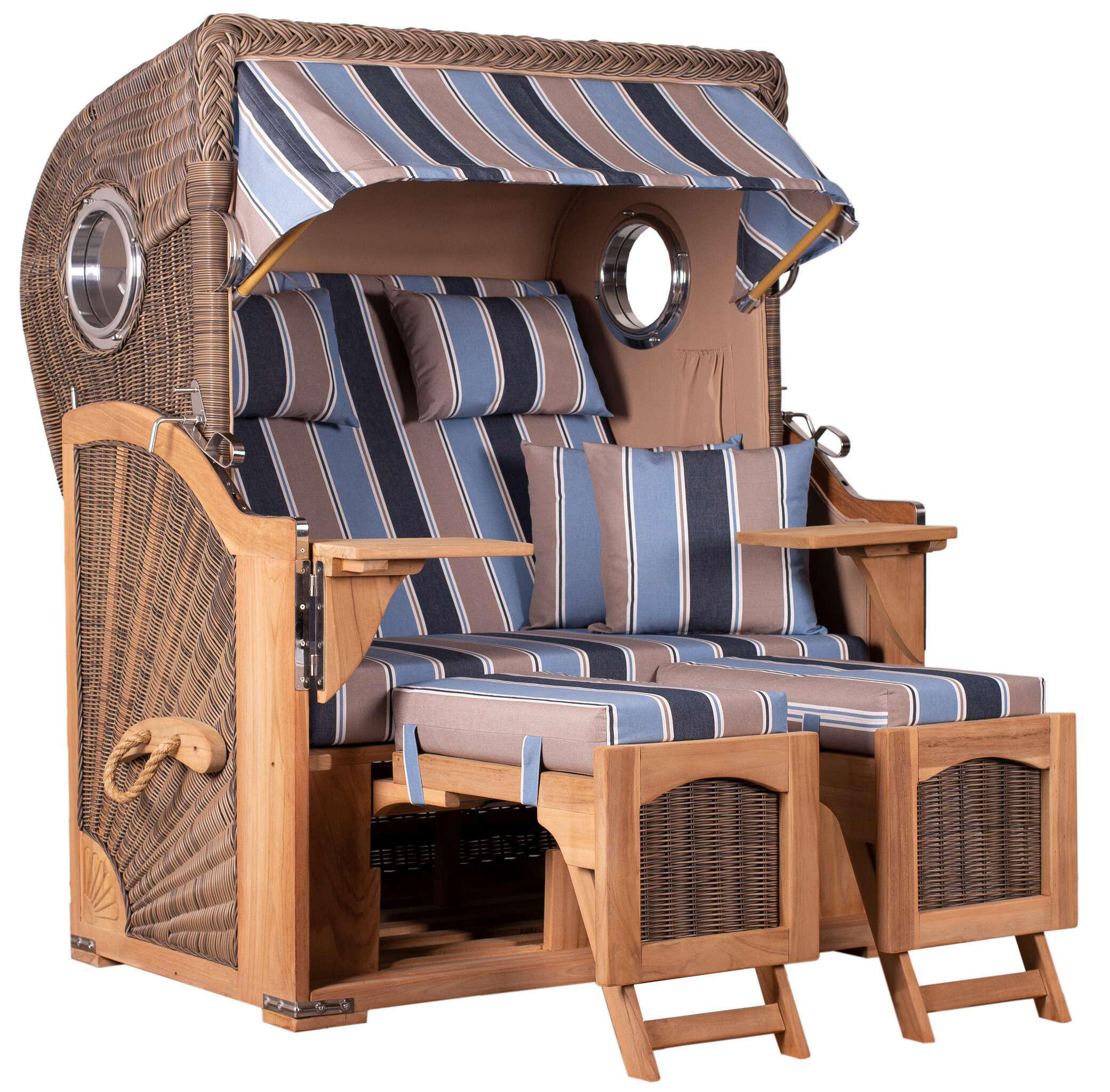 STRANDKORB Düne 2 Sitzer Teak PE Grey - Blau/Beige, Holz/Metall (125/170/80cm) - Mr. Deko