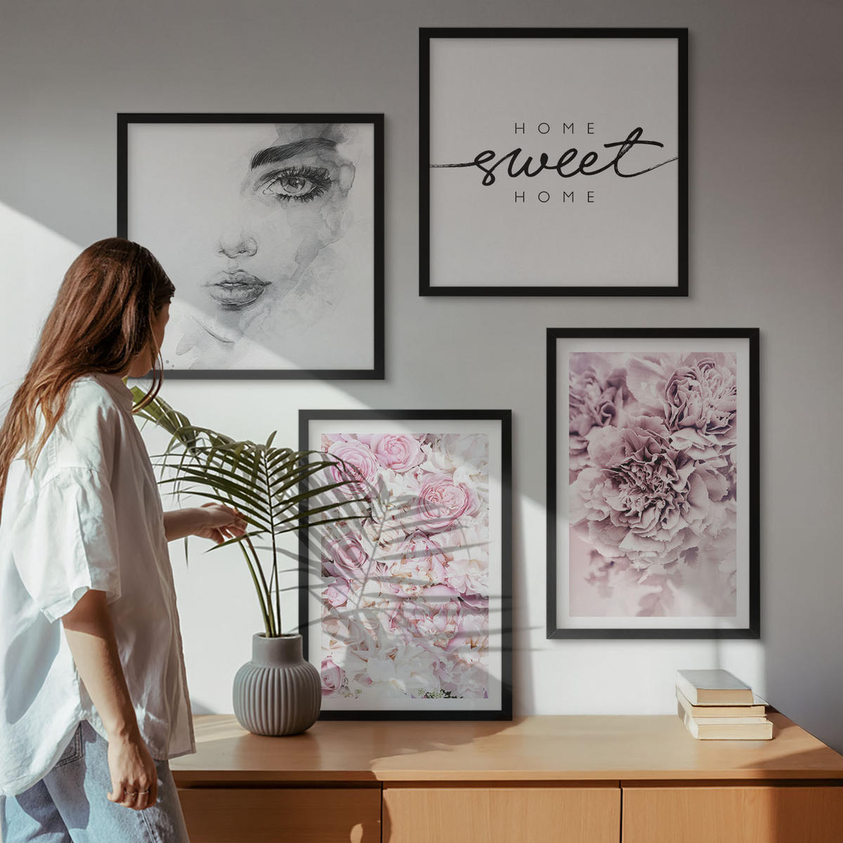 BILDER SET 4er Set - 50x50 cm & 40x60 cm Schwarzer Rahmen - Pfingstrosenporträt einer Frau für Zuhause - Schwarz, Kunststoff (50/50cm) - TULUP