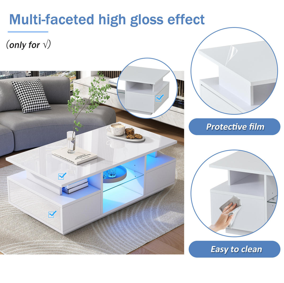 COUCHTISCH aus Spanplatte 100x50x36 cm in Weiß mit LED & 2 Schubladen - Weiß, Holzwerkstoff (100/50/36cm) - Modfu