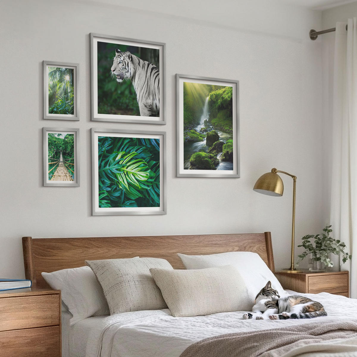 BILDER SET 5er Set - 50x50 cm & 20x30 cm & 40x60 cm Silberner Rahmen - Dschungel-Weißtiger-Wasserfall - Silberfarben, Kunststoff (40/60cm) - TULUP