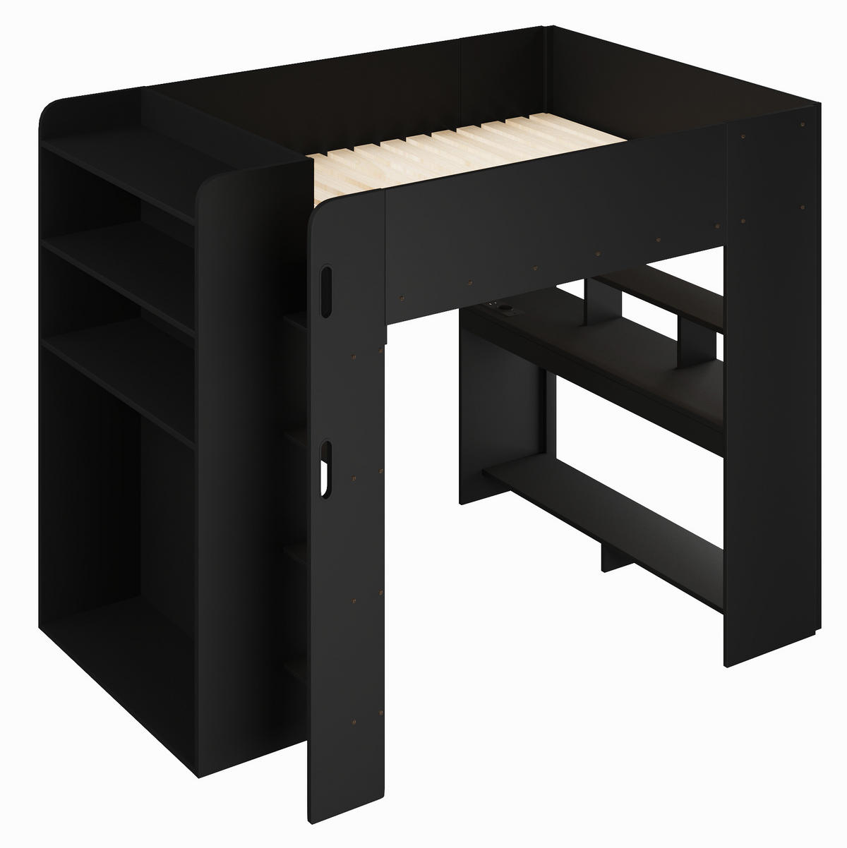 HOCHBETT aus MDF und Sperrholz 140x200 cm Schwarz mit Schreibtisch, Kleiderschrank und LED-Beleuchtung - Schwarz, Holzwerkstoff (140/200cm) - Modfu