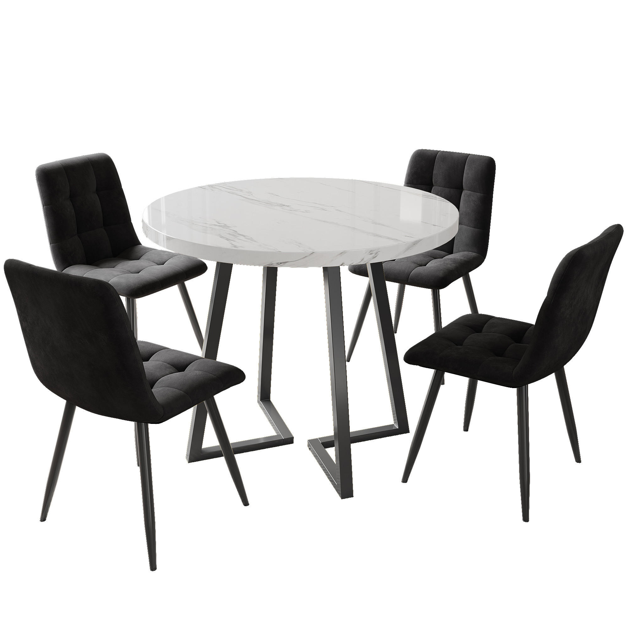 ESSZIMMER-SET 5-tlg mit rundem Tisch 80 cm Durchmesser aus Marmor-Spanplatte, 4 Samtstühlen und Metallgestell, weiß-schwarz - Schwarz, Holzwerkstoff (80/75/80cm) - Luhomfu