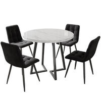 ESSZIMMER-SET 5-tlg mit rundem Tisch 80 cm Durchmesser aus Marmor-Spanplatte, 4 Samtstühlen und Metallgestell, weiß-schwarz - Schwarz, Holzwerkstoff (80/75/80cm) - Luhomfu