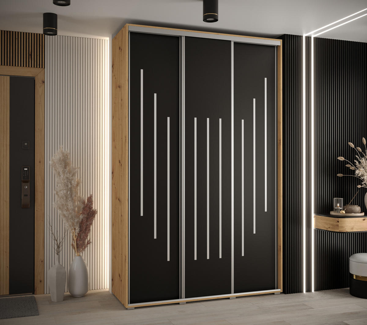 SCHWEBETÜRENSCHRANK 235,2/160/45 3-türig - Silberfarben/Schwarz, Holz/Metall (160/235/45cm) - Abiks Möbel