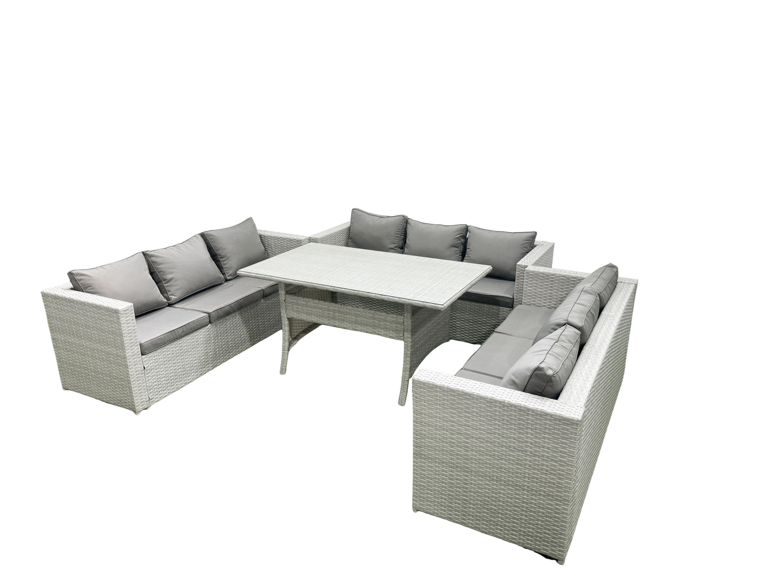 GARTENSET mit Esstisch,Sofa Polyrattan Hellgrau 9-Sitzer - Hellgrau/Grau, Glas/Kunststoff - Fimous