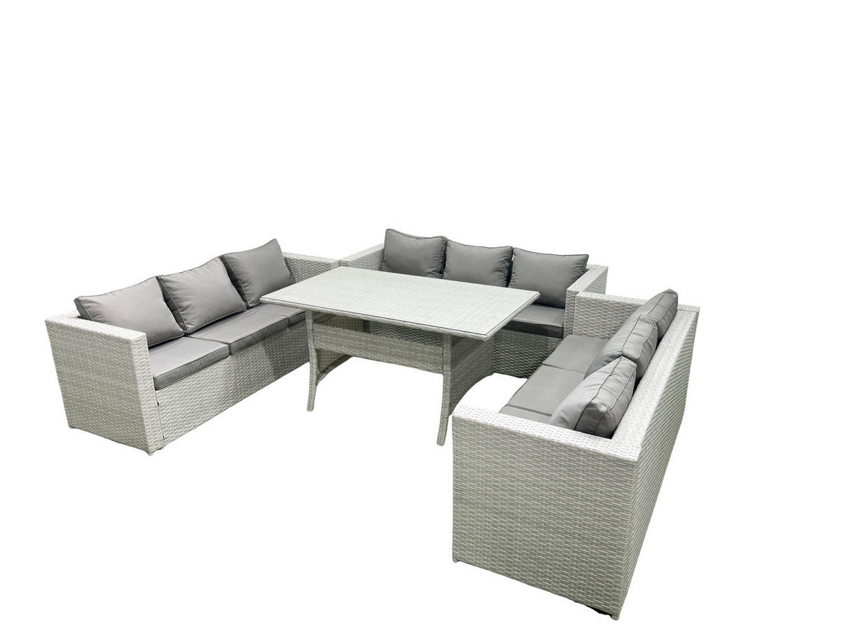 GARTENSET mit Esstisch,Sofa Polyrattan Hellgrau 9-Sitzer - Hellgrau/Grau, Glas/Kunststoff - Fimous
