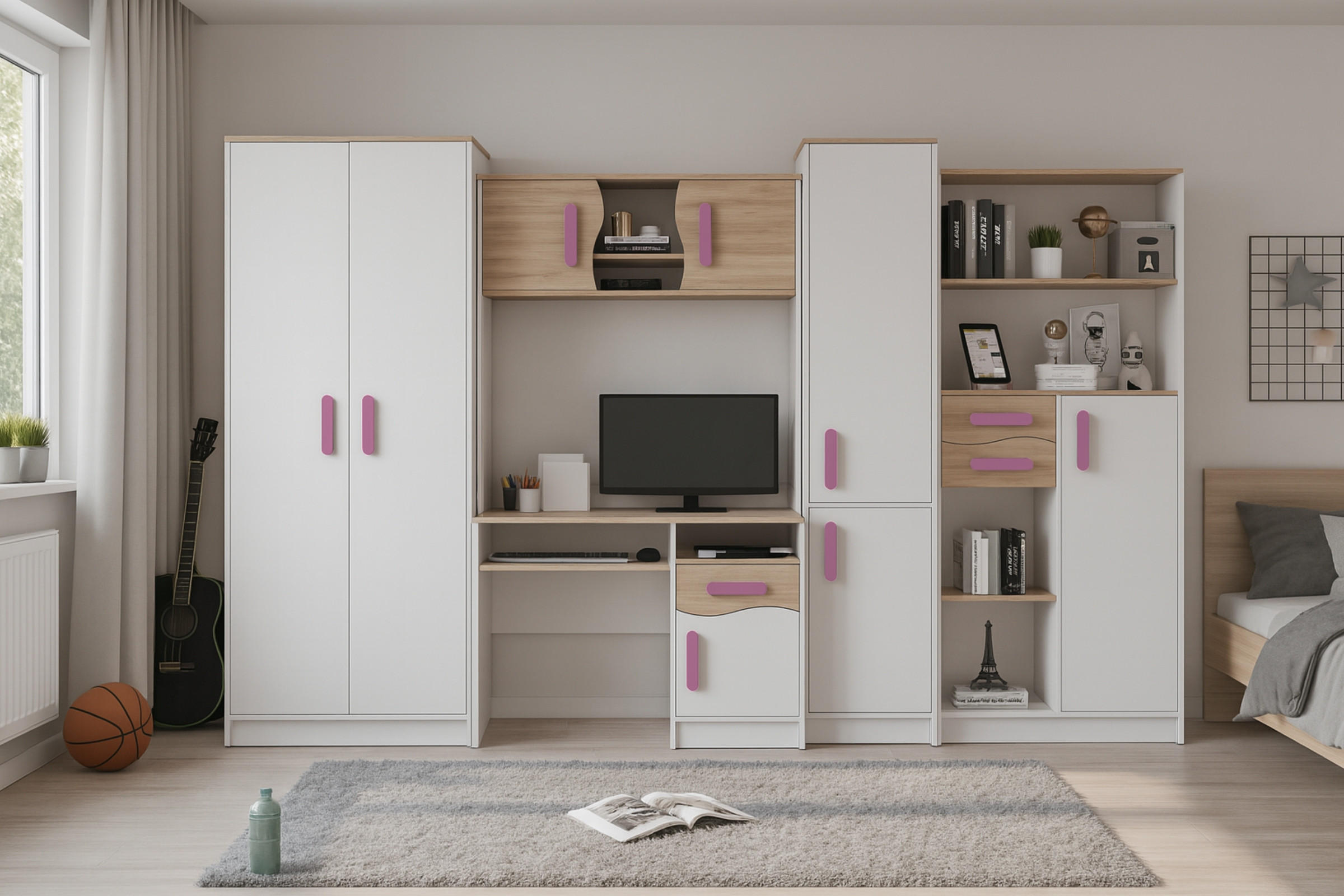 KINDERZIMMER MIKI Korpus Weiß | Griffe Rosa - Rosa/Weiß, Holz/Holzwerkstoff (300/197/52cm) - Deine Möbel 24