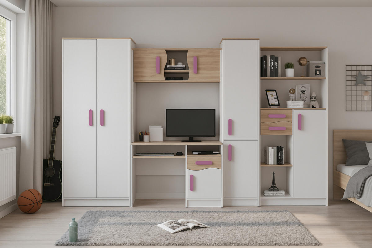 KINDERZIMMER MIKI Korpus Weiß | Griffe Rosa - Rosa/Weiß, Holz/Holzwerkstoff (300/197/52cm) - Deine Möbel 24