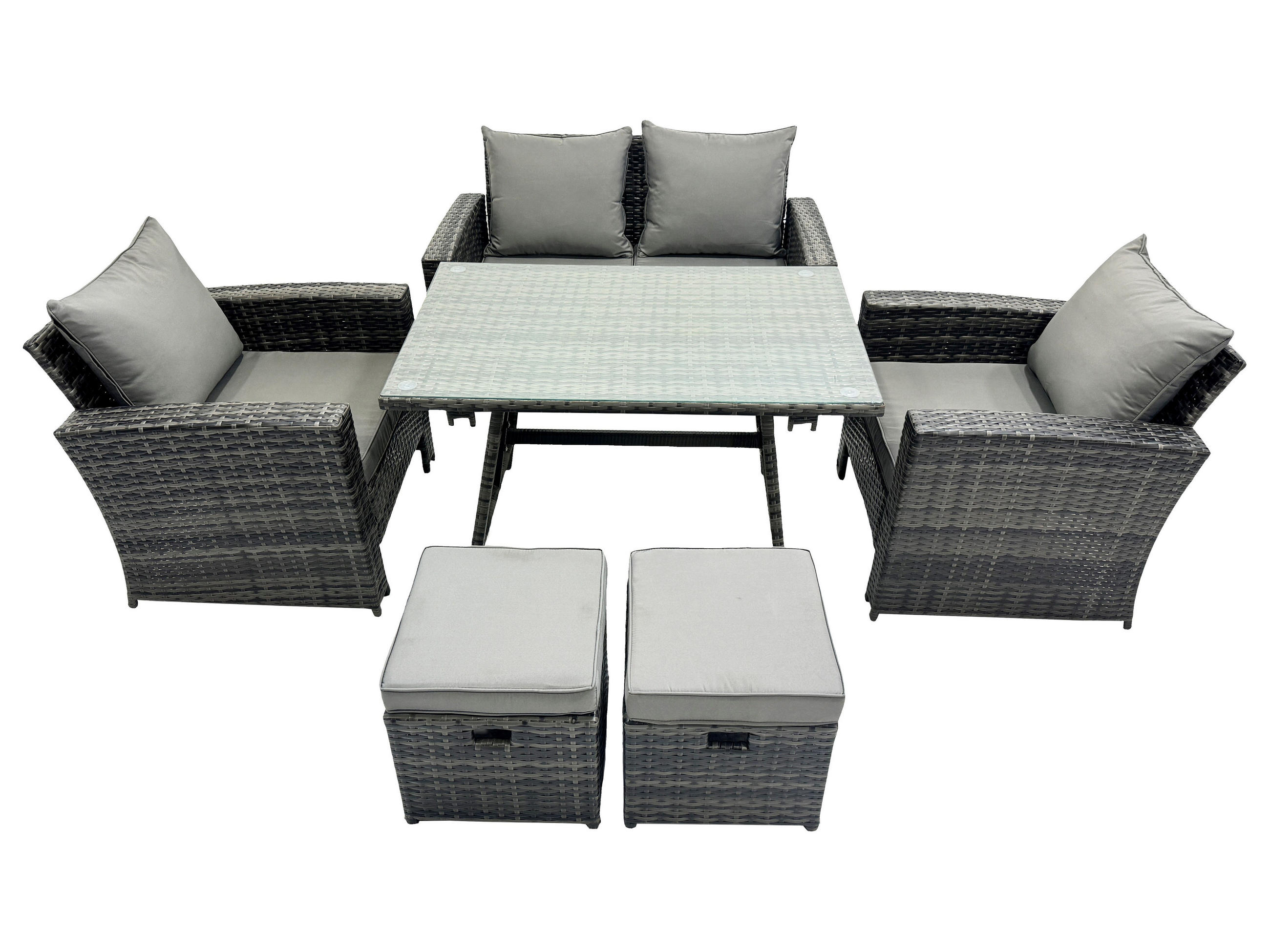GARTENTISCHGRUPPE Polyrattan 6-Sitzer - Dunkelgrau/Grau, Glas/Kunststoff - Fimous