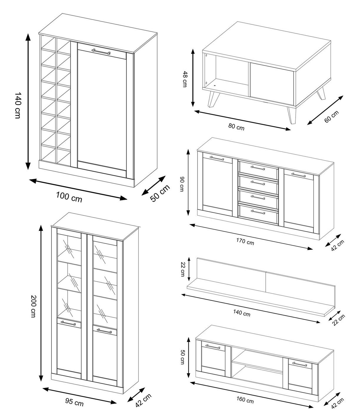 WOHNZIMMER-SET Cozy Eiche Rustikal 6-teilig - Eichefarben/Braun, Holz/Metall (355/200/60cm) - Feldmann-Wohnen