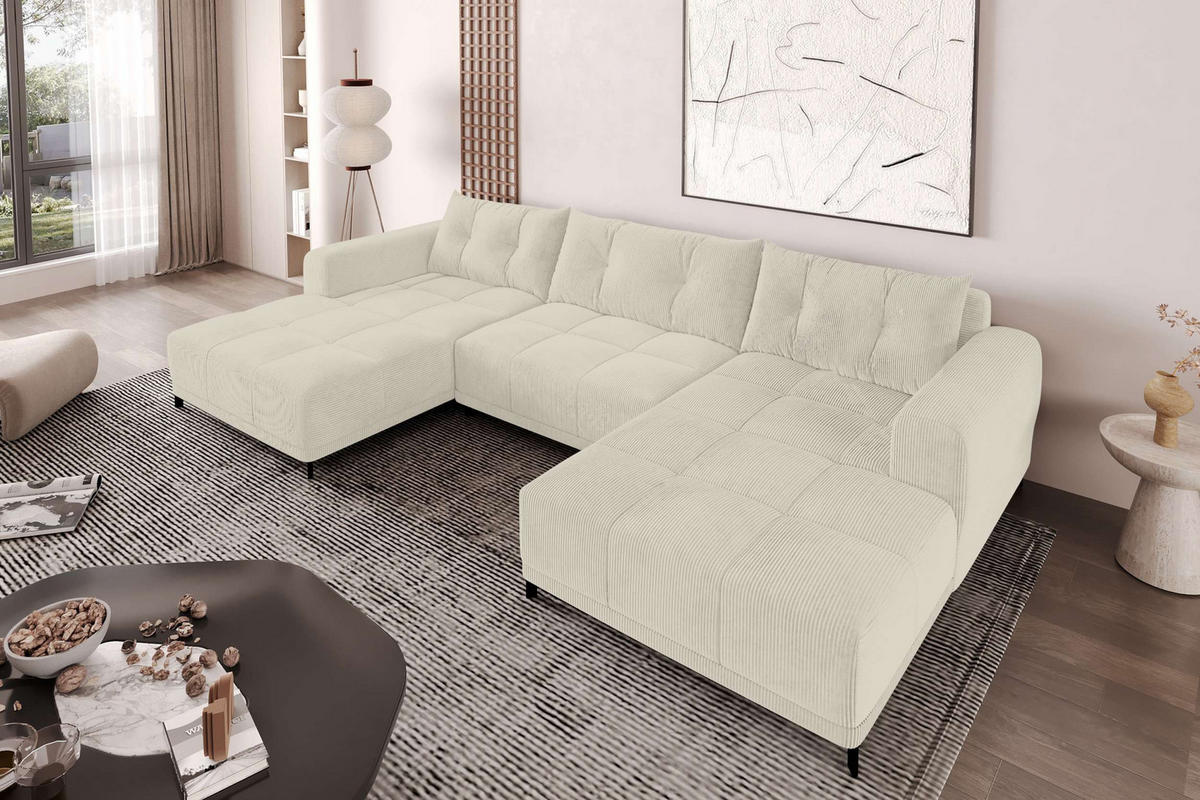 WOHNLANDSCHAFT Massimo Cordstoff Creme inkl. Schlaffunktion - Creme/Schwarz, Textil/Metall (356/94/181cm) - 99rooms