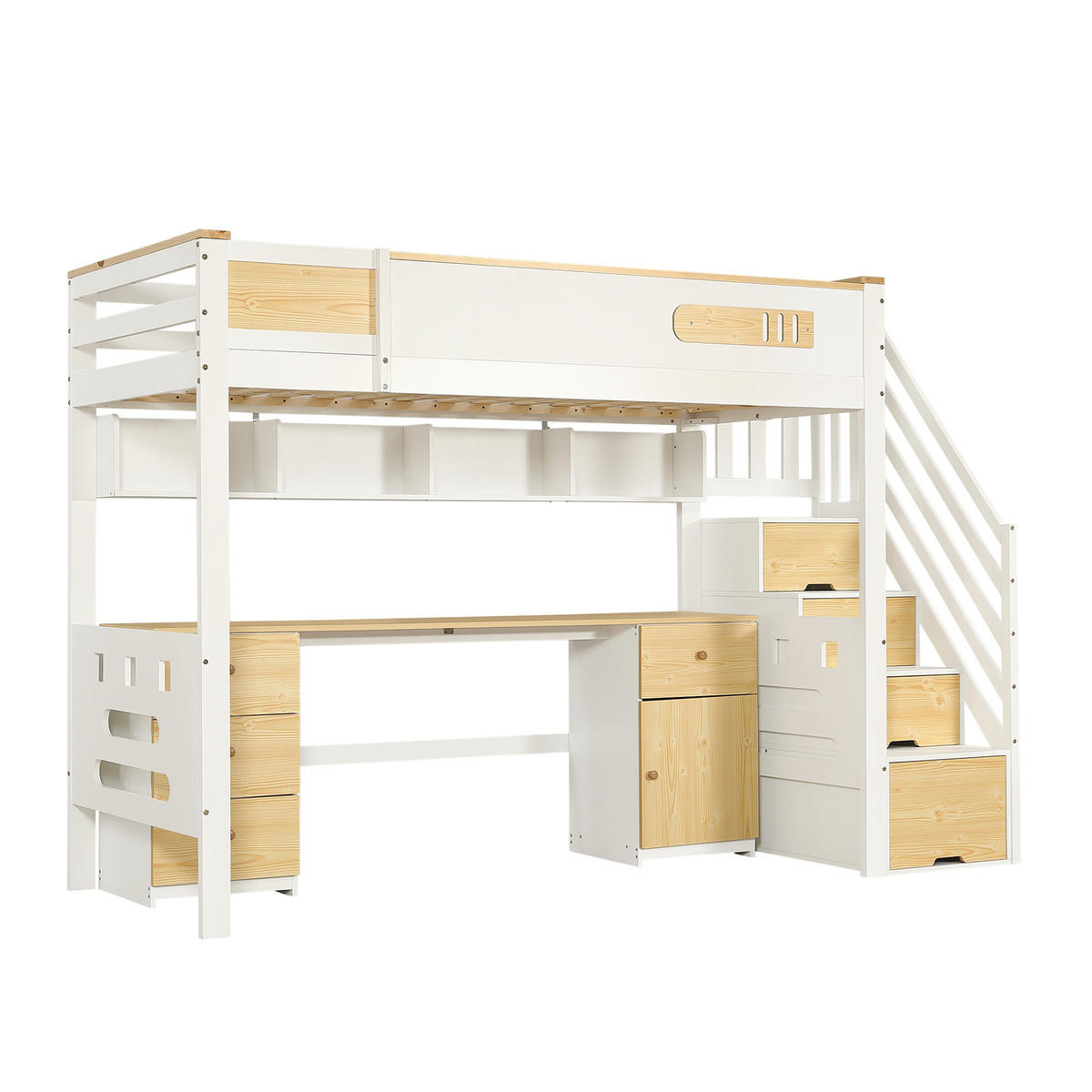 HOCHBETT 90/200 cm in Weiß & Natur mit Schreibtisch, Schubladen, Stauraumtreppe und Hängeregal - Weiß, Holzwerkstoff (90/200cm) - STILVORA