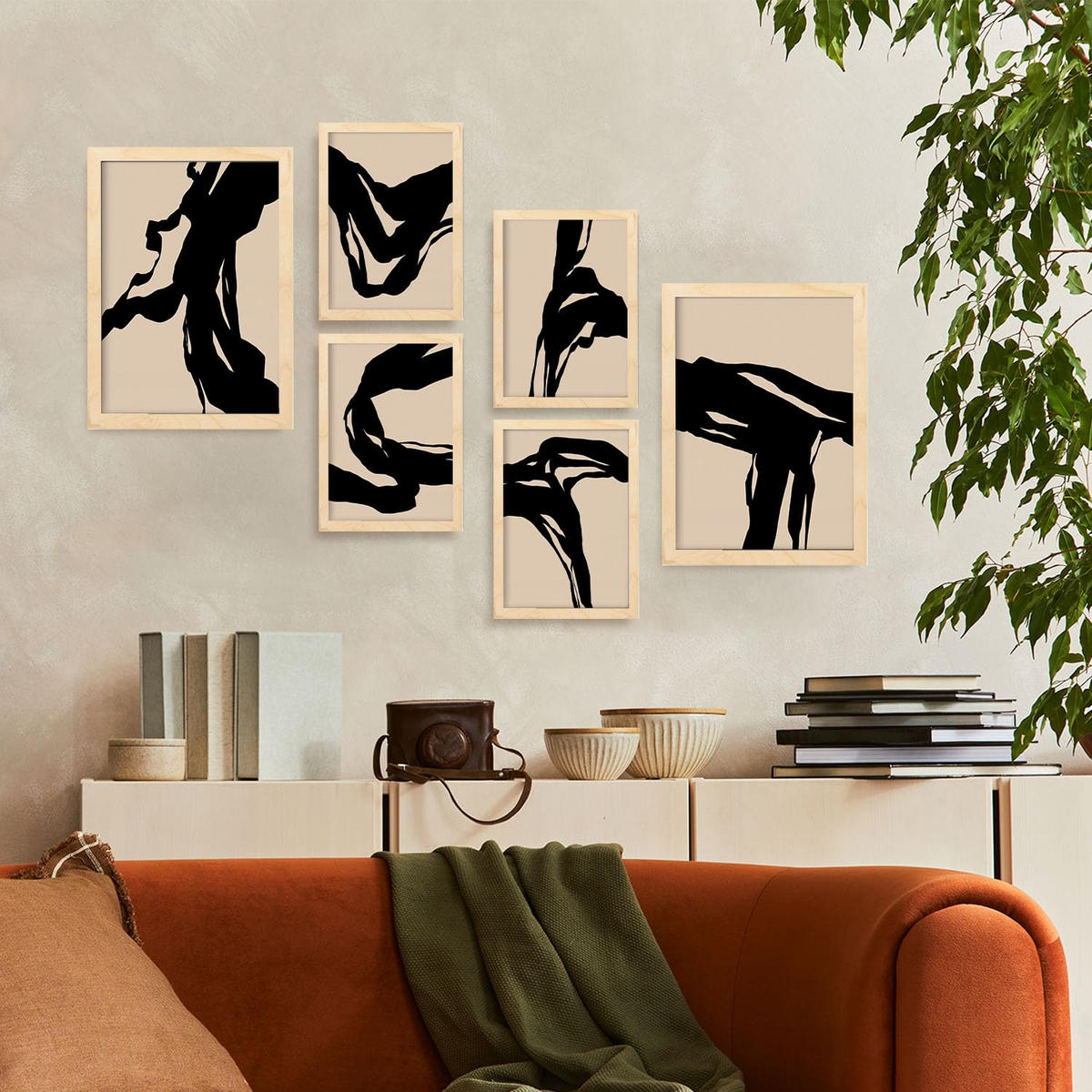 POSTER Set Mit 6 Zusammenfassungen In Form Ästhetische Dekorative Gemälde Für Ihr Wohnzimmer, Schlafzimmer Oder Zuhause A3 & A4 Rahmen Aus Hellem Holz - Beige, Papier (29/3cm) - Nacnic