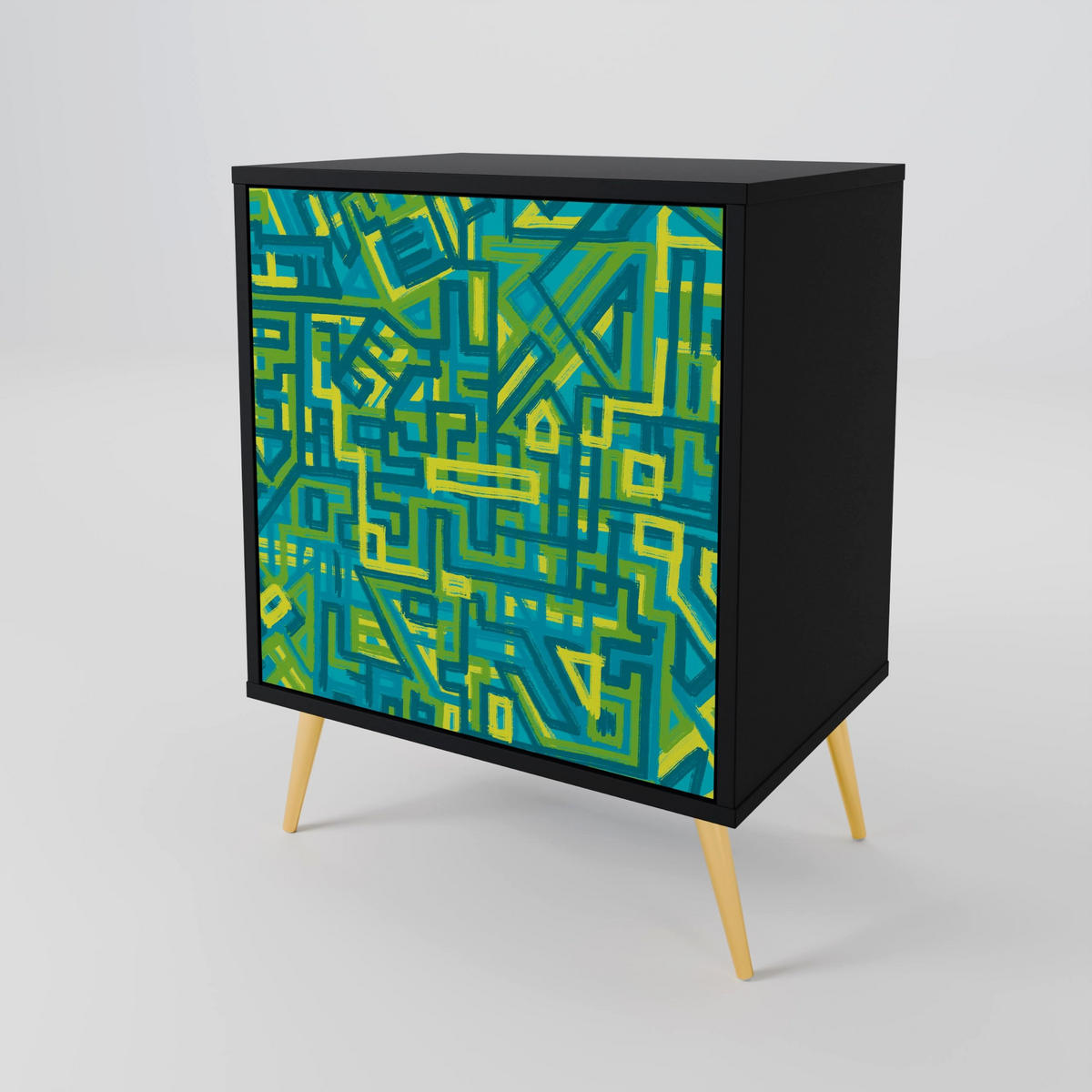 SIDEBOARD NOSTALGIC MEMORIES, Schwarz, 57,5x42x70,5 cm, Schwarze Metall-Sternfüße - Multicolor/Schwarz, Holzwerkstoff/Metall (57.5/70.5/42cm) - SpaceRebels